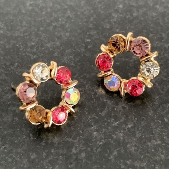 Round Aurora Borealis Faux Amethyst Topaz Crystal Stud Earrings Men’s  NEW - Picture 3 of 10